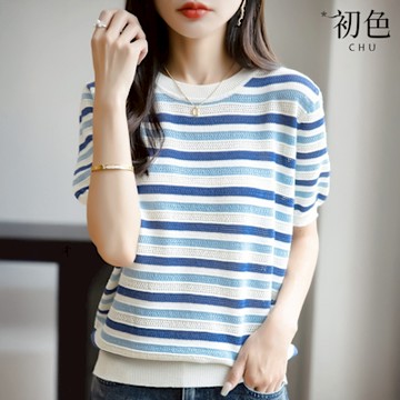 初色 撞色拼接圓領短袖修身顯瘦針織衫上衣女上衣-共3色-12478(M-3XL可選)
