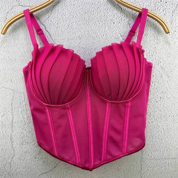 歐美夏季新款網紗壓折性感魚骨吊帶背心女裝打底內搭外穿短款上衣