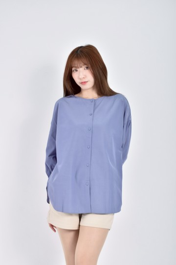 (2XL) own質感棉質排扣藍色長袖上衣