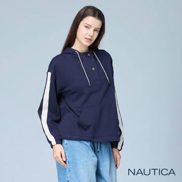 Nautica女裝 抽繩袋鼠貼口袋長袖帽T-藍色