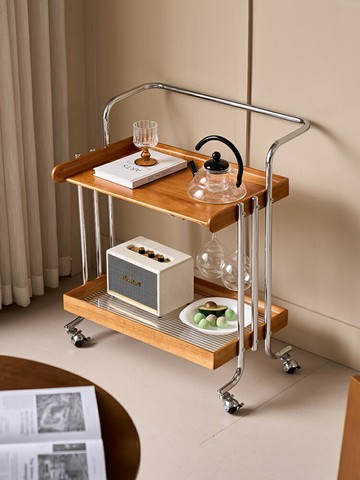 移動推車置物架   中古實木移動小推車沙發邊幾家用置物架角幾復古雙層收納茶幾現代