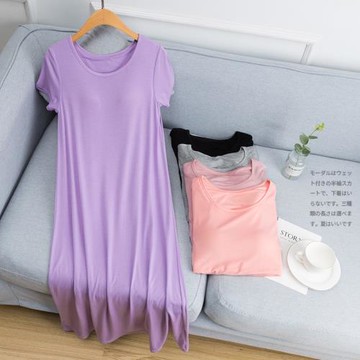 春夏天莫代爾帶胸墊睡衣女長款免穿文胸罩杯一體式短袖睡裙家居服