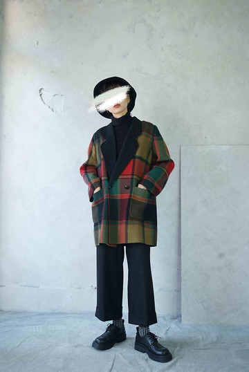 尋寶古著-紅色系復古格紋長版毛料西裝大衣外套