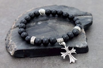 黑曜石珠手鐲氧化銀十字架男士女士中性