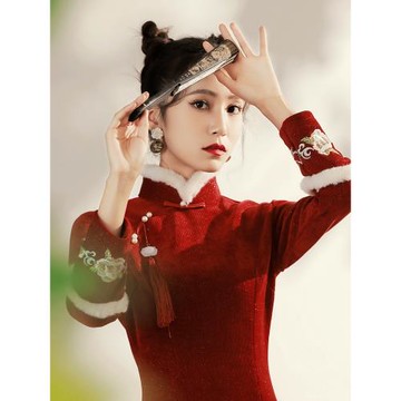 紅色過年加厚加絨女改良旗袍敬酒服2025年新款年輕款中國風秋冬季