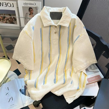 設計感短袖 高級彩色條紋短袖 polo衫T恤 短袖女 夏季上衣女 復古美式短袖 港風短袖上衣 T恤女 寬鬆上衣