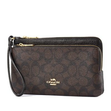 COACH 緹花LOGO防刮皮革大小雙層拉鍊大手拿包-咖啡色