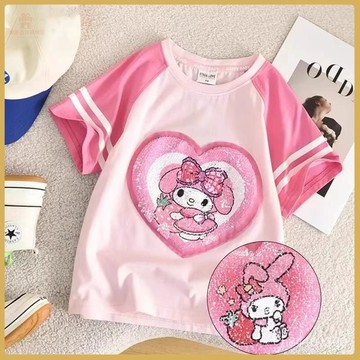 爆款熱推💖全臺免運 女童短袖2024夏季T恤可愛新款庫洛米亮片兒童百搭半袖圓領上衣潮 XOXU