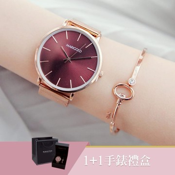 女人愛美愛自己 重返榮耀1+1獨家超值禮盒手錶鈦鋼手鐲二件組-酒紅面玫金帶+玫金手環