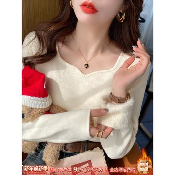 白色V領加絨針織毛衣女秋冬內搭2025春秋加厚氣質打底衫長袖上衣