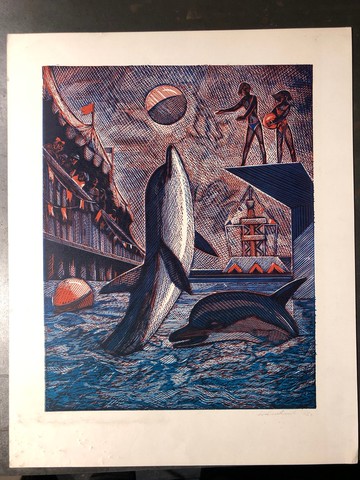 海豚館彩色石版畫復古平面藝術家居裝飾牆面藝術