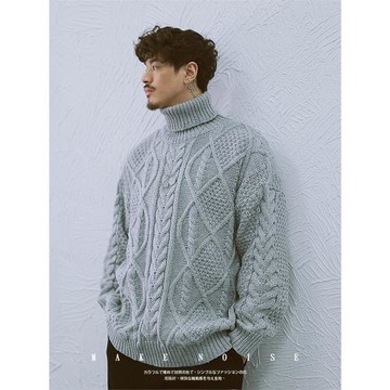 雅痞制噪  高領麻花加厚寬松針織衫男白色長袖保暖套頭毛衣男潮牌