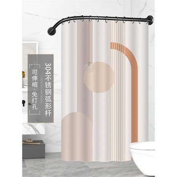 浴簾套裝免打孔弧形桿淋浴掛簾 浴室加厚防霉隔斷簾 衛生間防水布