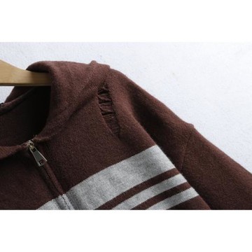 1741毛衣外套 秋冬拉鏈連帽拼色短款時尚流蘇外搭長袖毛針織開衫