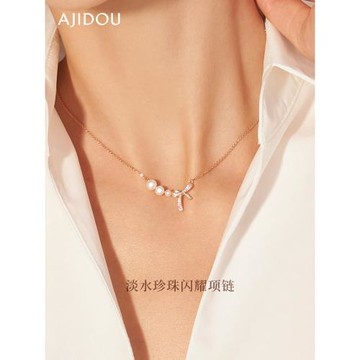 AJIDOU阿吉豆項鏈女天然珍珠項鏈蝴蝶結鎖骨鏈小眾爆款輕奢毛衣鏈