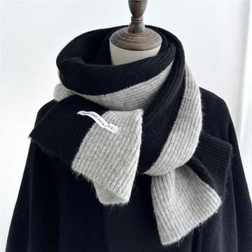 日系軟糯黑灰雙色拼色撞色針織毛線圍巾冬季男女生情侶款圍脖保暖