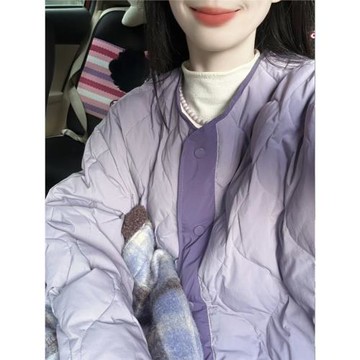秋冬季高級感紫色菱格棉服女小個子寬松撞色小香風加厚棒球服外套