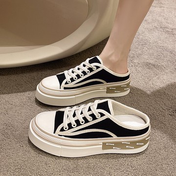 學院風拖鞋女夏外穿新款百搭厚底配裙子糖果色帆布系帶包頭拖