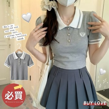 【買到戀愛】 隔日到貨 美式學院風 撞色翻領POLO衫 顯瘦刺繡短袖 針織上衣【FT2567】