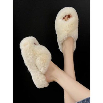 厚底毛毛拖鞋女夏外穿2025年新款女式平底防滑一字網紅交叉棉拖秋