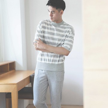 UMORFIL膠原蛋白條紋五分袖男家居服/睡衣/居家服-淺灰
