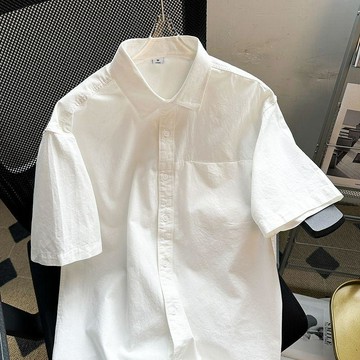 夏季薄款港風短袖襯衫男休閒百搭純色潮牌潮流痞帥日系青少年襯衣夏季休閒襯衫 寬鬆工裝襯衣 男士百搭襯衣 港風休閒襯衫
