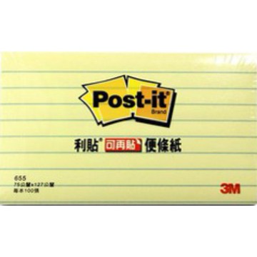 3M 可再貼 655L-1黃色橫格便條紙