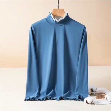 德絨木耳邊半高領打底衫女秋冬加絨內搭長袖T恤大碼加厚保暖上衣