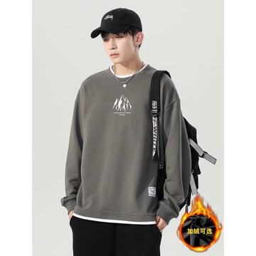 男士衛衣圓領春秋冬款加絨潮牌假兩件寬松百搭ins長袖t恤男裝上衣