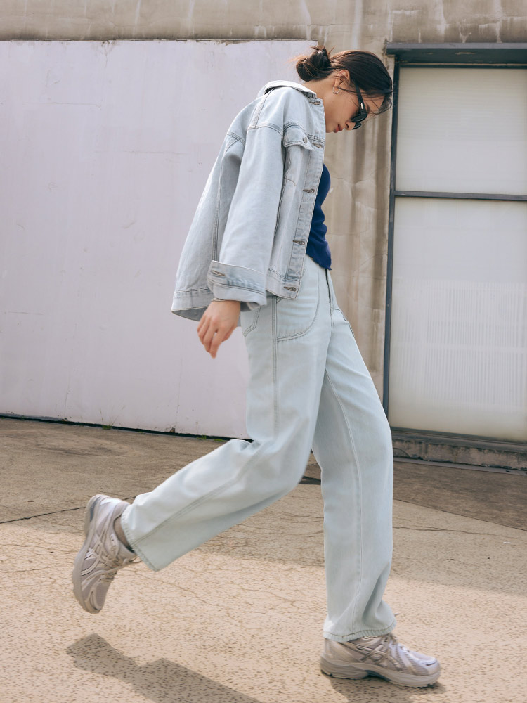 棉質前口袋滾邊壓線牛仔寬褲