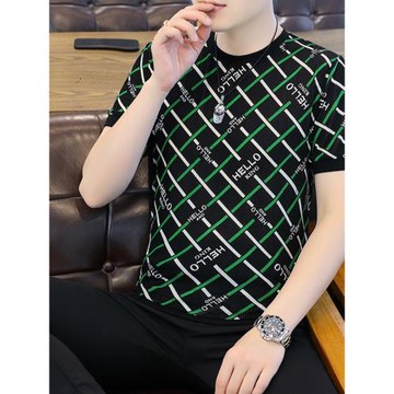 短袖t恤男冰絲高端大碼男裝2024新款鏤空格子夏季T恤速干半袖體恤