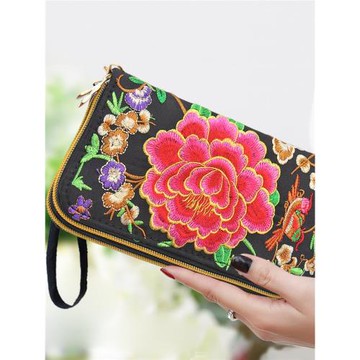 民族風帆布女雙面刺繡花長款錢包