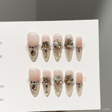 ➕最新設計款穿戴甲💅純手工穿戴甲片高級感金色貓眼長款美甲片輕奢魚尾堆鑽假指甲貼片長尖橢圓穿戴甲 VKWI
