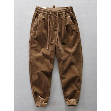 日系復古燈芯絨束腳褲男條絨休閑褲潮流百搭寬松緊小腳收口長褲子