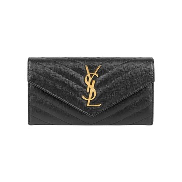 YSL 山形紋荔枝皮金字logo釦式長夾(黑色) 372264 BOW01 1000