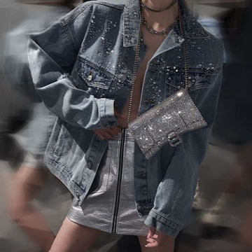 清倉初春新款重工燙鉆牛仔外套女春秋破洞寬松設計感小眾短外套潮