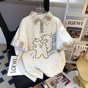 夏季新款大碼美式復古翻領上衣韓版格子拼接POLO短袖T恤上衣