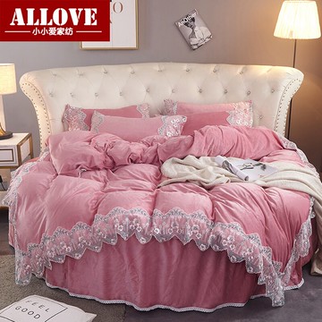 蕾絲公主風冬季加厚水晶絨圓形床裙四件套直徑2.0m2.2m圓床笠