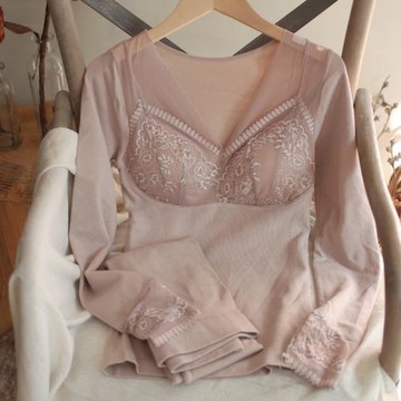 性感蕾絲長袖長褲套裝 有罩杯免穿文胸 無縫打底衫上衣秋衣秋褲