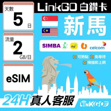 LinkGO白鑽卡 新馬 eSIM卡 5天上網卡 每日2GB 高速流量(新馬網卡 新加坡 馬來西亞 吉隆坡)