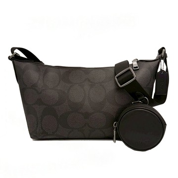 【COACH】大C LOGO男中性款船型附零錢包斜背包(黑灰)