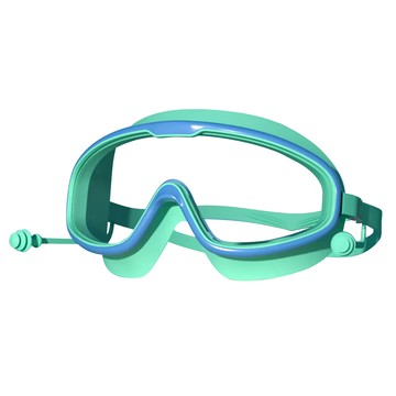 大框防霧兒童泳鏡 帶連體耳塞  13 x 5.5cm  藍綠色  1個