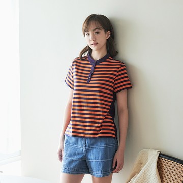 條紋抗菌半開襟圓領短袖上衣