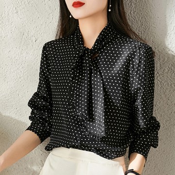 【LANNI 藍尼】現+預 圓點荷葉邊領帶絲感襯衫(復古/長袖/OL)