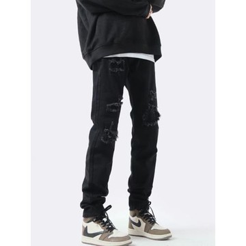 高街牛仔褲男潮牌復古破洞乞丐褲美式微喇褲春秋新款修身直筒褲子