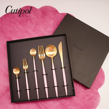 葡萄牙Cutipol GOA系列主餐刀+叉子+湯匙+攪拌匙+點心匙+咖啡匙 6件餐具組禮盒 (粉金)