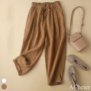 【ACheter】垂感休閒寬鬆簡約鬆緊腰棉麻九分褲# 112583(現貨+預購)