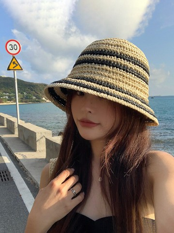 帽子女款2023新款沙灘度假編織草帽夏海邊遮陽防曬草編漁夫帽盆帽