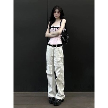 白色工裝褲女款夏季2023新款高腰薄款美式小個子復古速干闊腿褲子