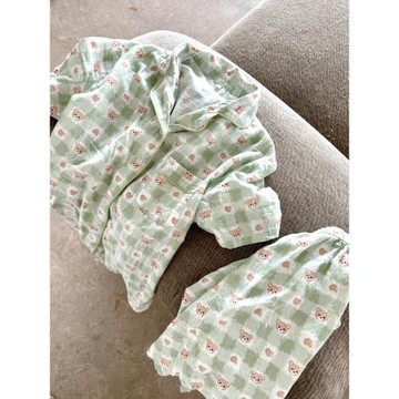 卡通格子薄款睡衣女夏季短袖長褲短褲三件套日系學生家居服網紅風